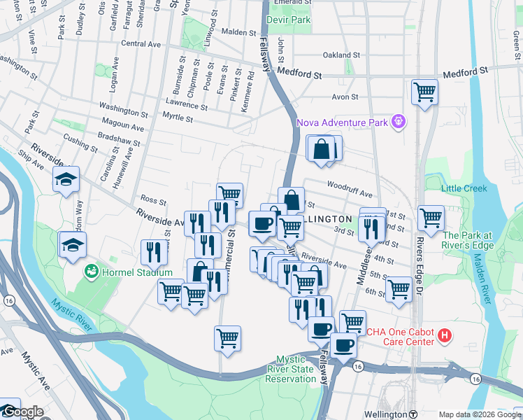 map of restaurants, bars, coffee shops, grocery stores, and more near 158 4th Street in Medford