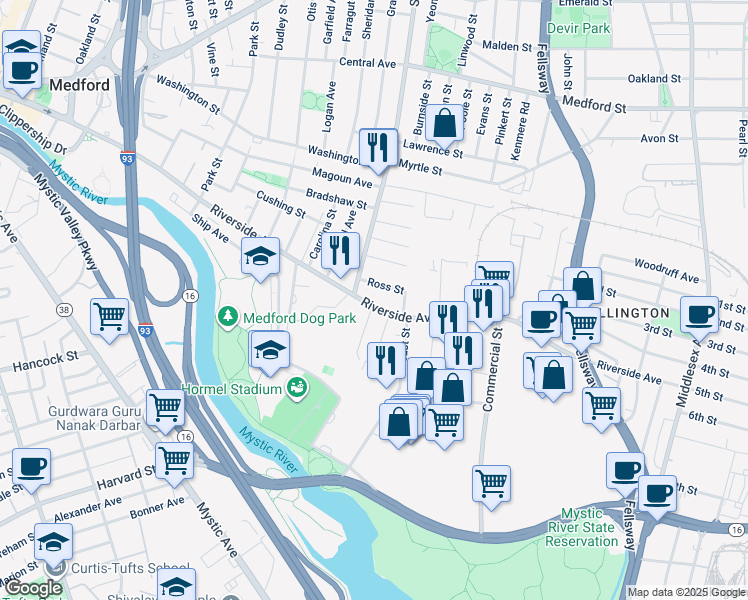 map of restaurants, bars, coffee shops, grocery stores, and more near in Medford