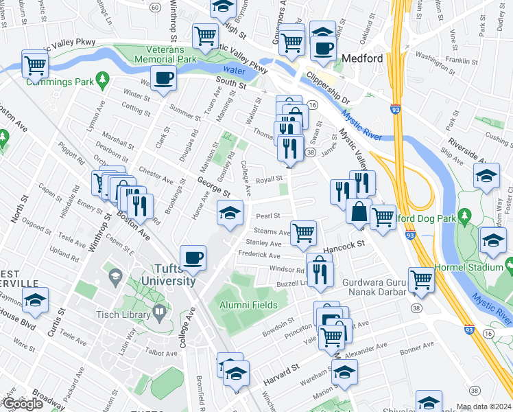 map of restaurants, bars, coffee shops, grocery stores, and more near 83 College Avenue in Medford
