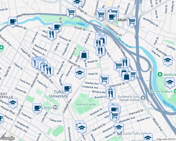map of restaurants, bars, coffee shops, grocery stores, and more near 83 College Avenue in Medford