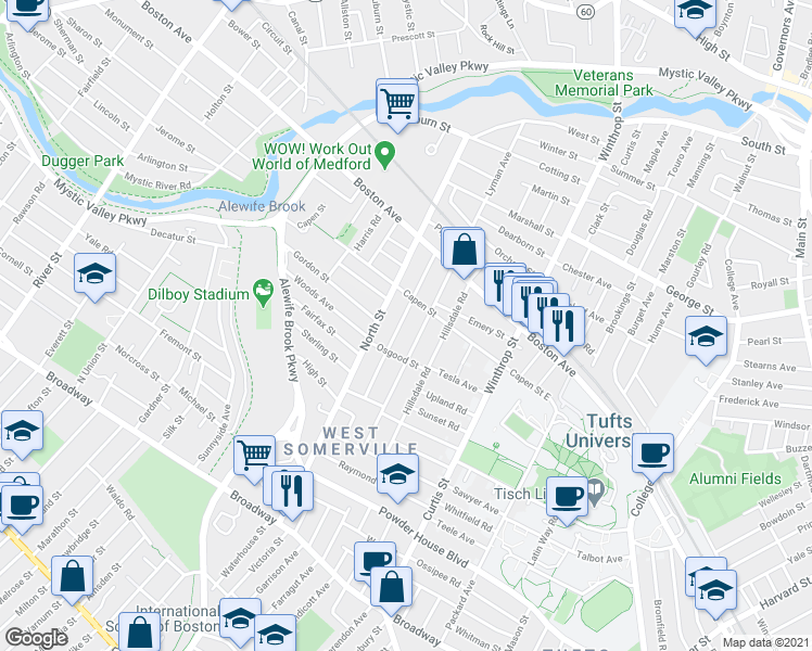 map of restaurants, bars, coffee shops, grocery stores, and more near 67 Quincy Street in Medford