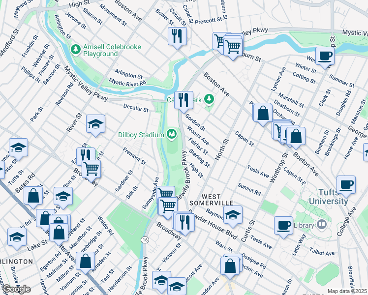 map of restaurants, bars, coffee shops, grocery stores, and more near in Somerville