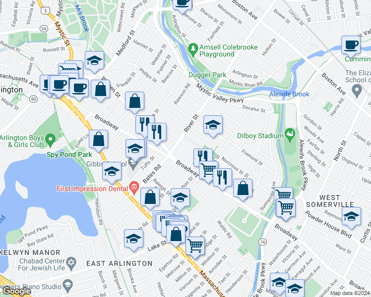 map of restaurants, bars, coffee shops, grocery stores, and more near 122 Everett Street in Arlington