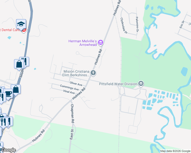 map of restaurants, bars, coffee shops, grocery stores, and more near Utility Drive in Pittsfield