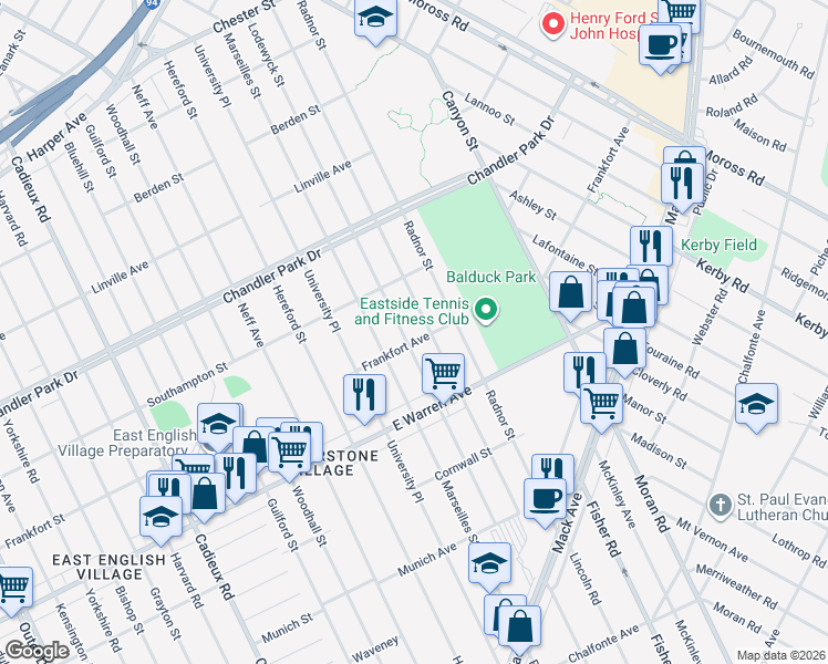 map of restaurants, bars, coffee shops, grocery stores, and more near 5115 Lodewyck Street in Detroit