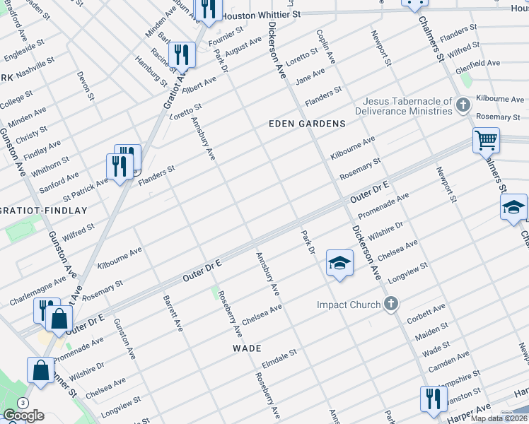 map of restaurants, bars, coffee shops, grocery stores, and more near 12518 Rosemary Street in Detroit