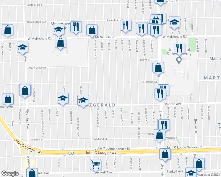 map of restaurants, bars, coffee shops, grocery stores, and more near 16177 Tuller Street in Detroit