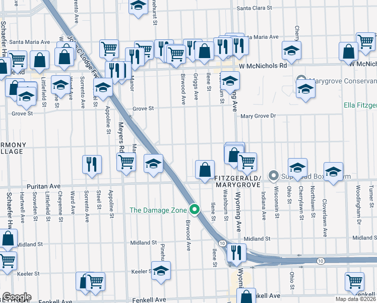 map of restaurants, bars, coffee shops, grocery stores, and more near 16191 Birwood Street in Detroit
