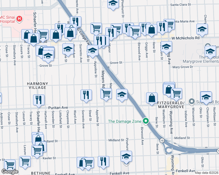 map of restaurants, bars, coffee shops, grocery stores, and more near 16199 Manor in Detroit