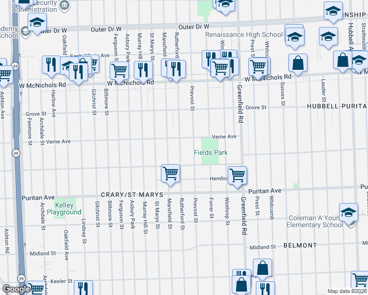 map of restaurants, bars, coffee shops, grocery stores, and more near 16533 Prevost Street in Detroit