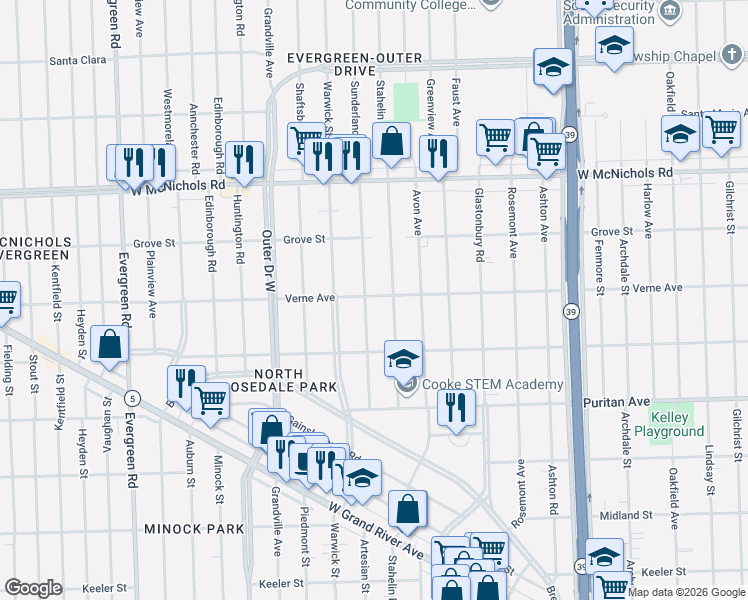 map of restaurants, bars, coffee shops, grocery stores, and more near 16562 Sunderland Road in Detroit