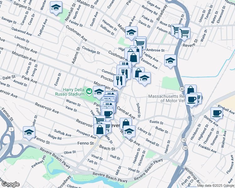 map of restaurants, bars, coffee shops, grocery stores, and more near 470 Broadway in Revere