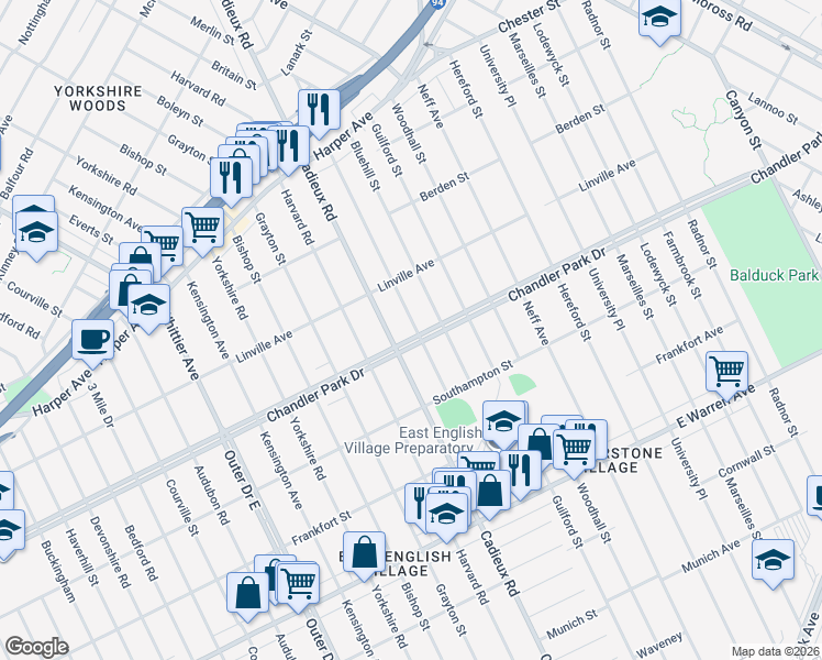 map of restaurants, bars, coffee shops, grocery stores, and more near 17135 Chandler Park Drive in Detroit