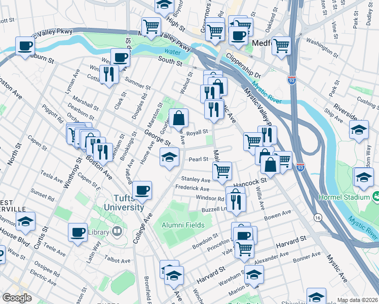 map of restaurants, bars, coffee shops, grocery stores, and more near 83 College Avenue in Medford