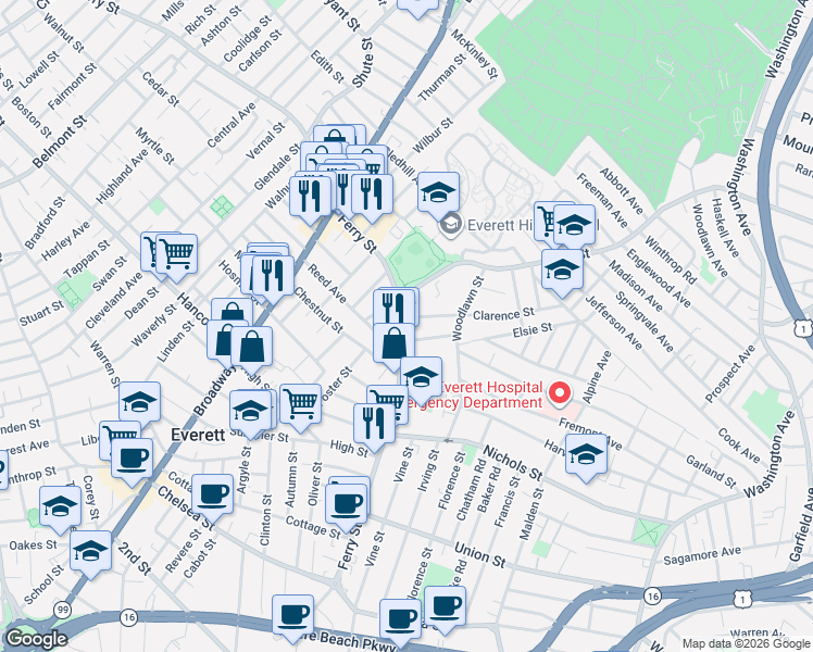 map of restaurants, bars, coffee shops, grocery stores, and more near 206 Ferry Street in Everett