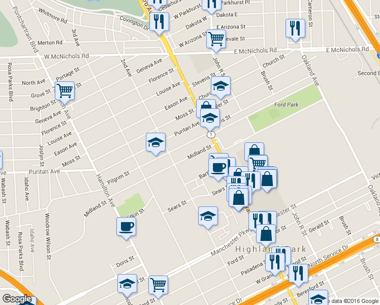 map of restaurants, bars, coffee shops, grocery stores, and more near 56 Midland Street in Highland Park