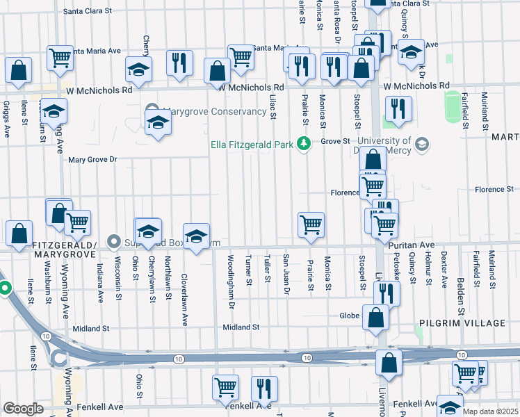 map of restaurants, bars, coffee shops, grocery stores, and more near 16177 Tuller Street in Detroit