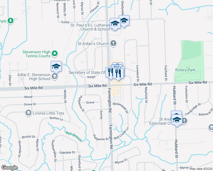 map of restaurants, bars, coffee shops, grocery stores, and more near 33500 West 6 Mile Road in Livonia