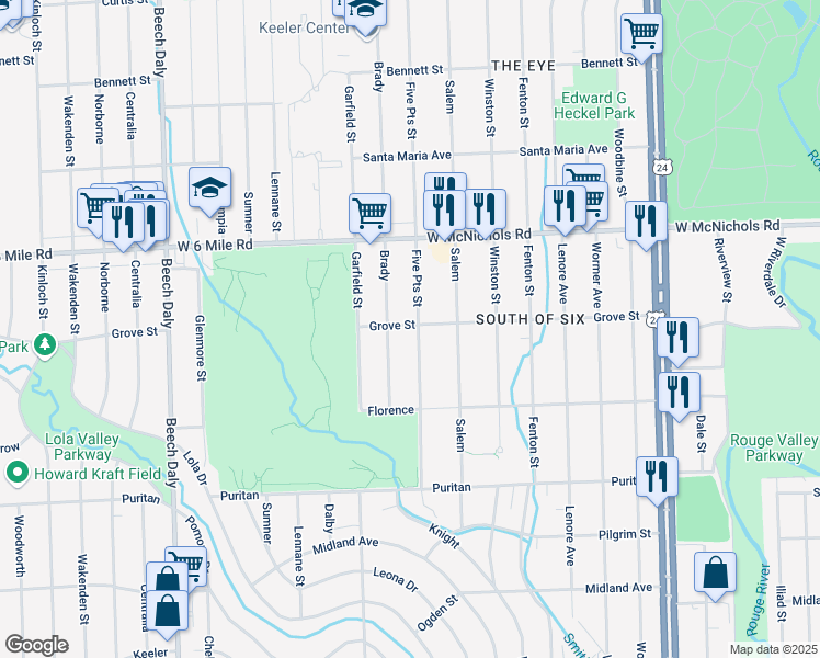 map of restaurants, bars, coffee shops, grocery stores, and more near 16732 Brady in Redford Charter Township