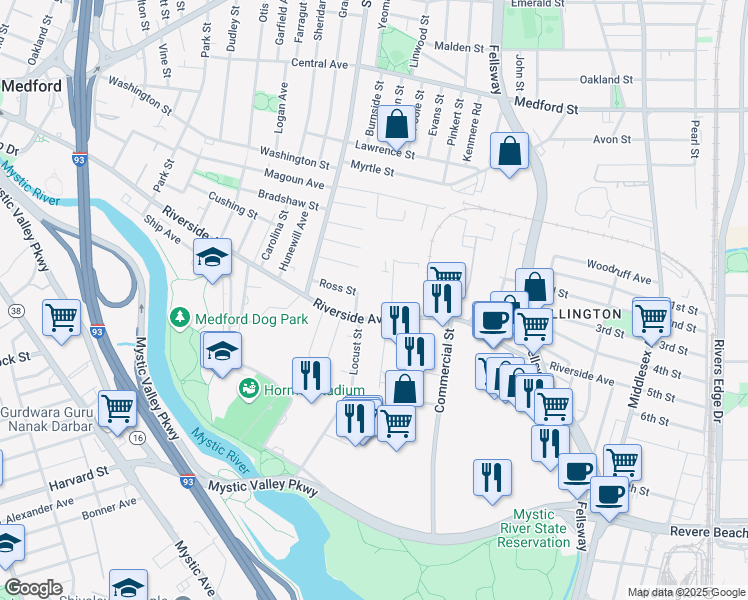 map of restaurants, bars, coffee shops, grocery stores, and more near 28 Sycamore Avenue in Medford