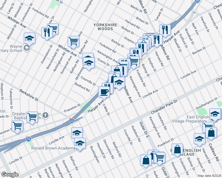 map of restaurants, bars, coffee shops, grocery stores, and more near in Detroit