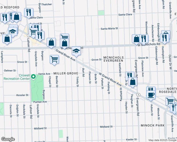 map of restaurants, bars, coffee shops, grocery stores, and more near 16709 Pierson Street in Detroit