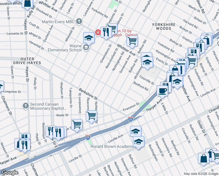 map of restaurants, bars, coffee shops, grocery stores, and more near 9761 Somerset Avenue in Detroit