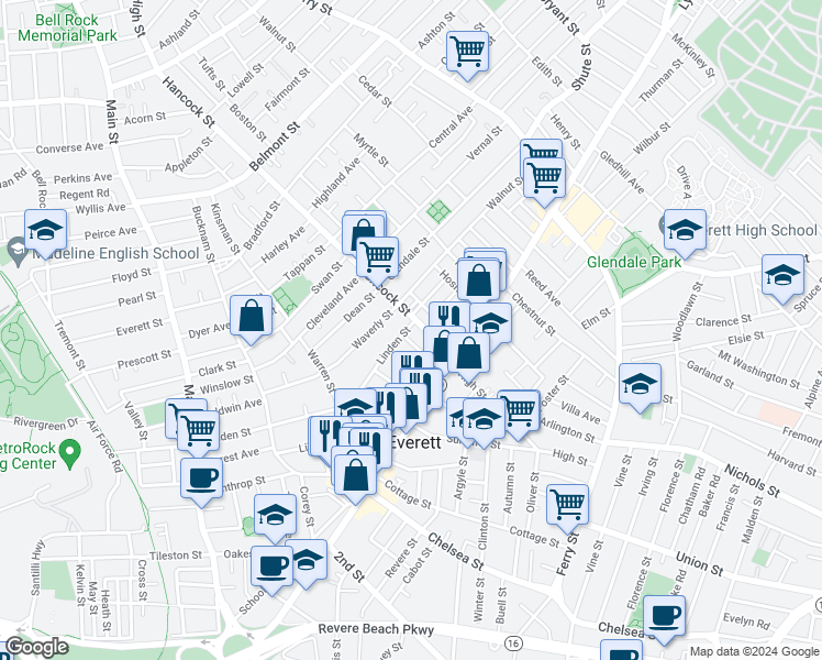 map of restaurants, bars, coffee shops, grocery stores, and more near 213 Linden Street in Everett