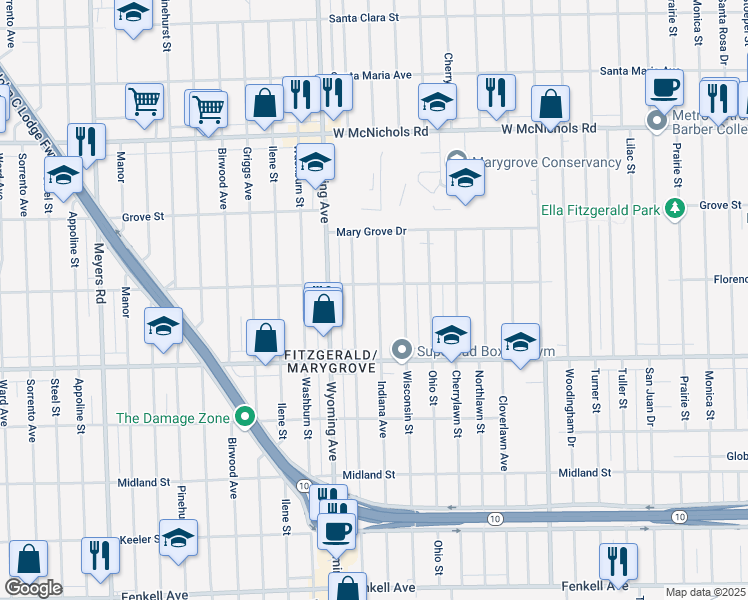 map of restaurants, bars, coffee shops, grocery stores, and more near 16233 Indiana Street in Detroit