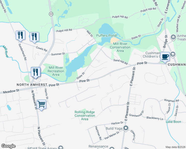 map of restaurants, bars, coffee shops, grocery stores, and more near 226 Pine Street in Amherst