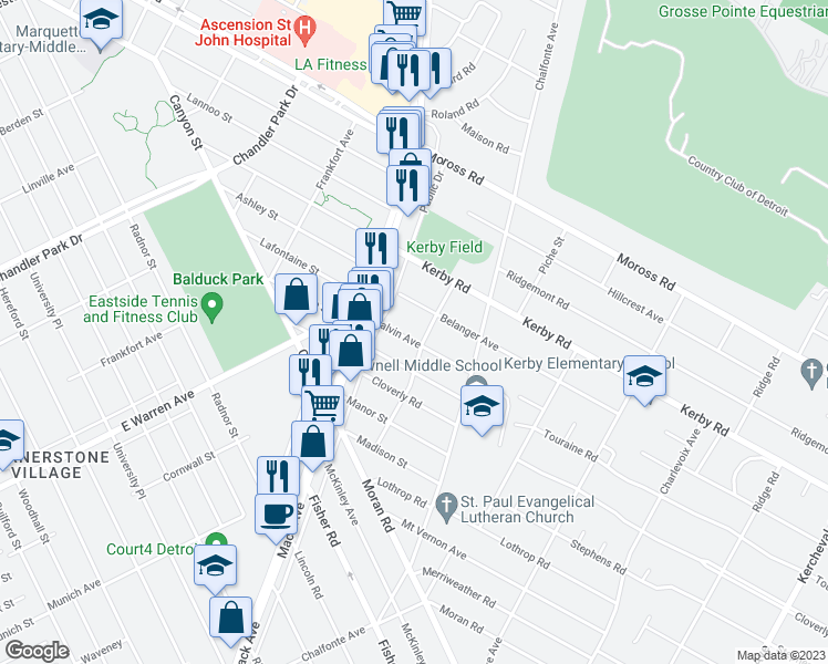 map of restaurants, bars, coffee shops, grocery stores, and more near 458 Calvin Avenue in Grosse Pointe Farms