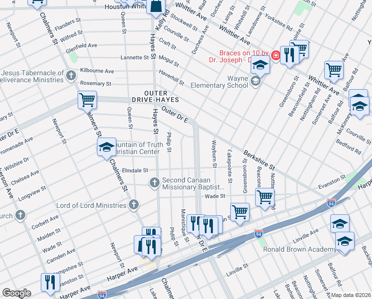map of restaurants, bars, coffee shops, grocery stores, and more near 9738 Manistique Street in Detroit