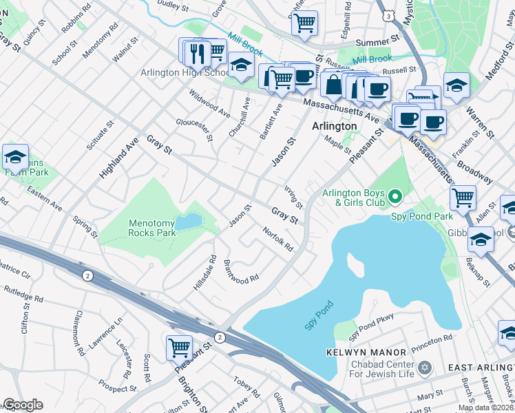 map of restaurants, bars, coffee shops, grocery stores, and more near 12 Norfolk Road in Arlington