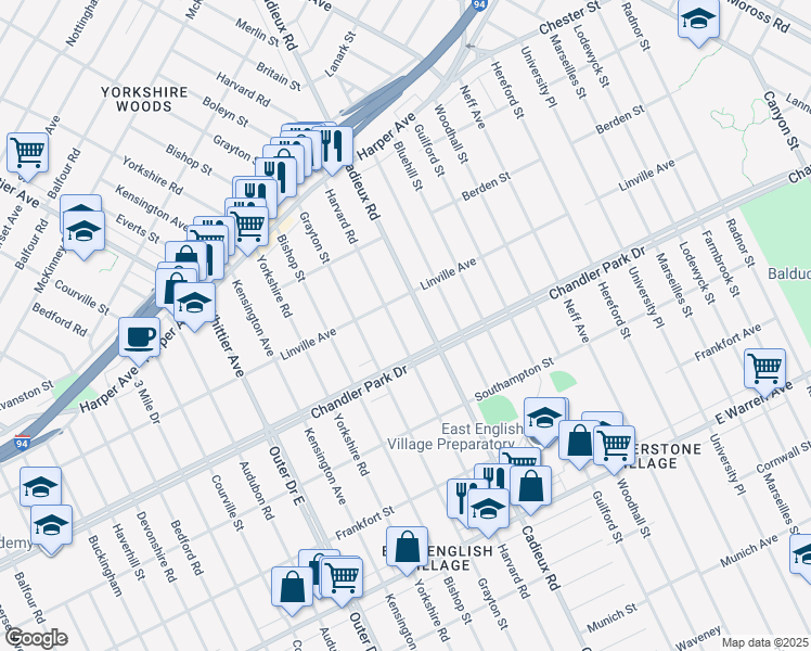 map of restaurants, bars, coffee shops, grocery stores, and more near 5737 Harvard Road in Detroit