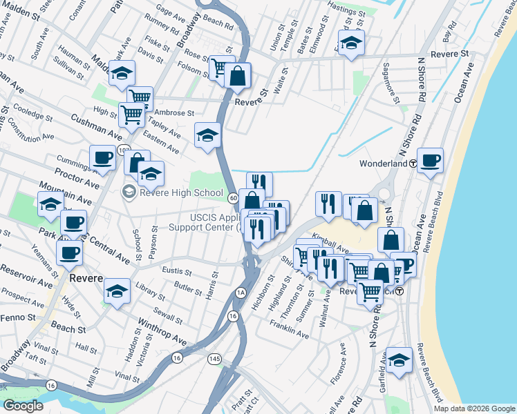 map of restaurants, bars, coffee shops, grocery stores, and more near 15 Whitmore Road in Revere