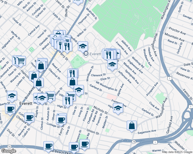 map of restaurants, bars, coffee shops, grocery stores, and more near 20 Mount Washington Street in Everett