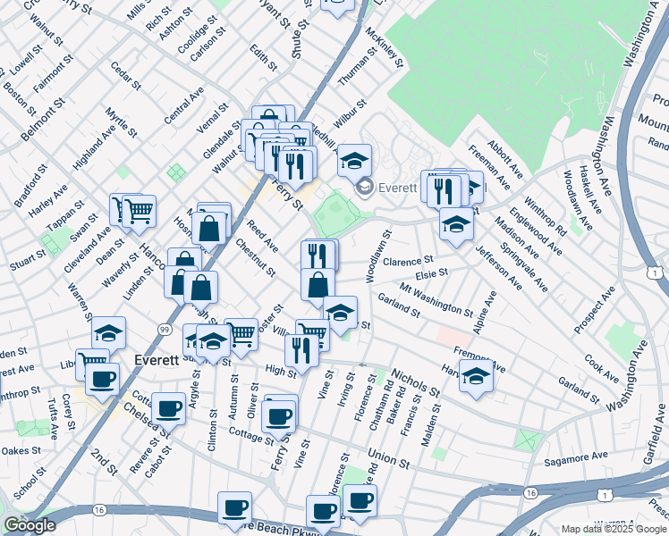map of restaurants, bars, coffee shops, grocery stores, and more near 23 Shirley Street in Everett
