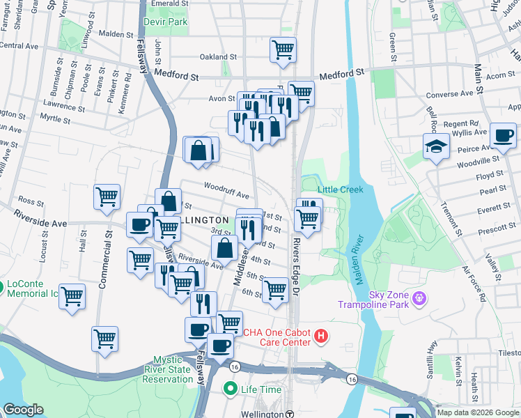 map of restaurants, bars, coffee shops, grocery stores, and more near 35 2nd Street in Medford