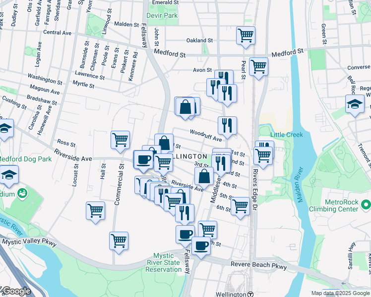 map of restaurants, bars, coffee shops, grocery stores, and more near 83 3rd Street in Medford