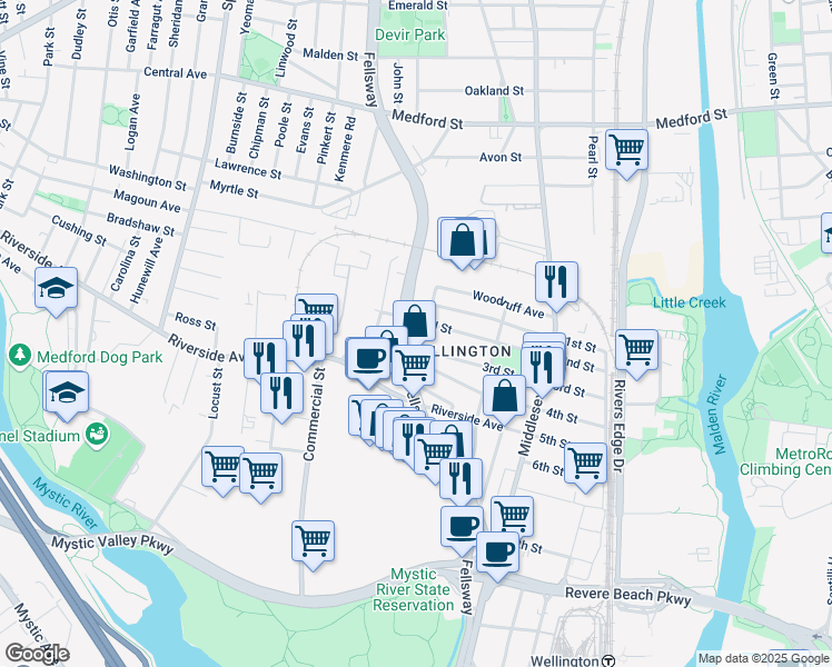 map of restaurants, bars, coffee shops, grocery stores, and more near 818 Fellsway in Medford