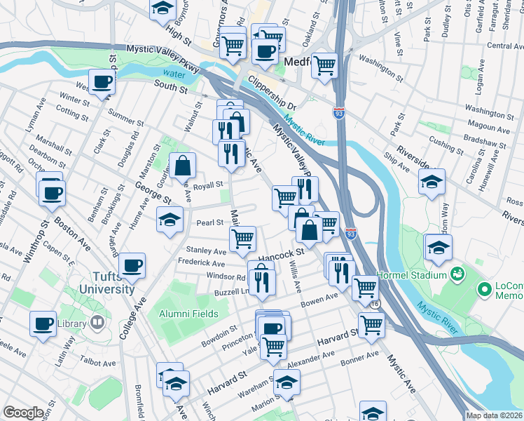 map of restaurants, bars, coffee shops, grocery stores, and more near 22 Hancock Avenue in Medford
