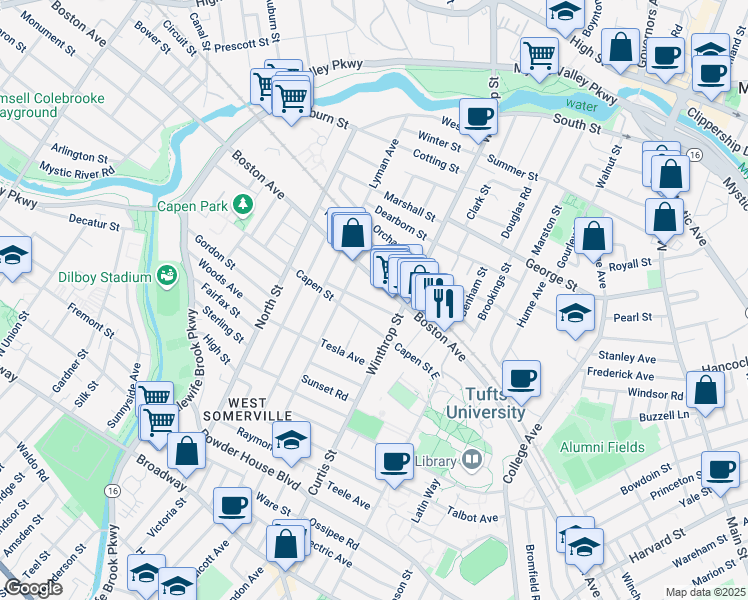 map of restaurants, bars, coffee shops, grocery stores, and more near 48 Winthrop Street in Medford