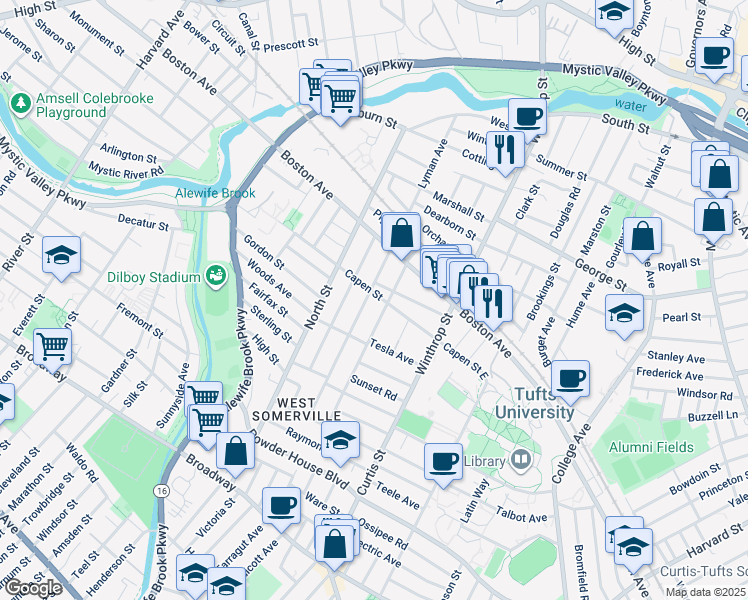 map of restaurants, bars, coffee shops, grocery stores, and more near 52 Adams Street in Medford