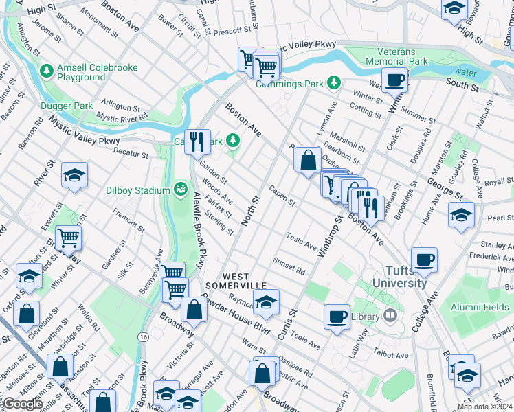 map of restaurants, bars, coffee shops, grocery stores, and more near 67 Quincy Street in Medford