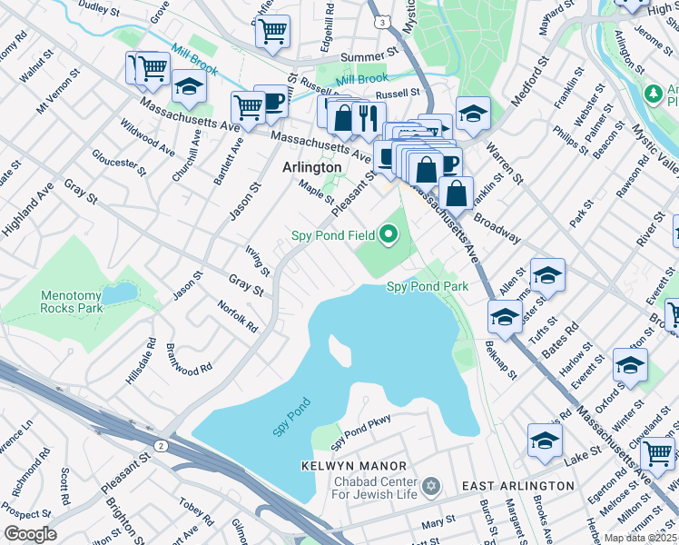 map of restaurants, bars, coffee shops, grocery stores, and more near 45 Hopkins Road in Arlington