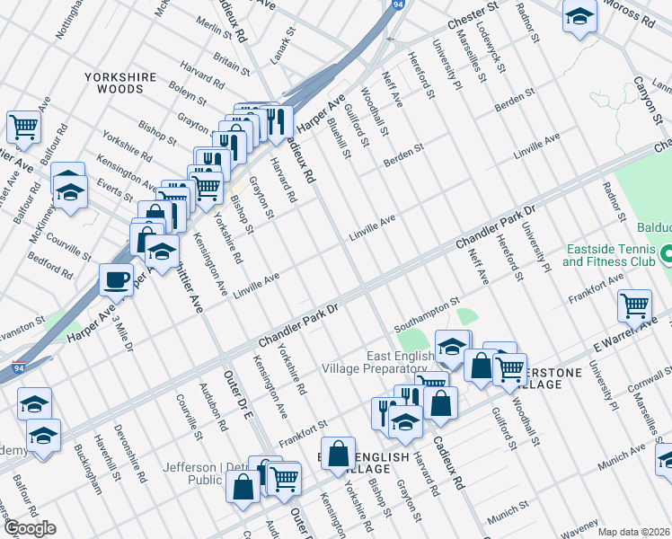 map of restaurants, bars, coffee shops, grocery stores, and more near 5737 Harvard Road in Detroit