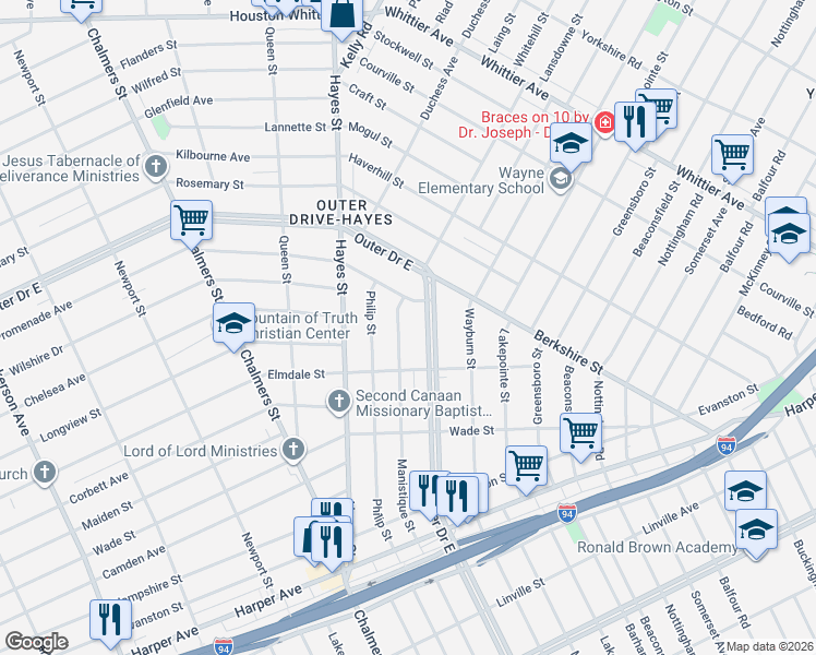 map of restaurants, bars, coffee shops, grocery stores, and more near 9738 Manistique Street in Detroit