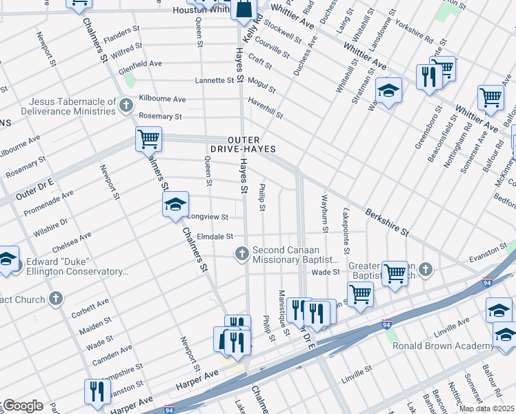 map of restaurants, bars, coffee shops, grocery stores, and more near 9740 Philip Street in Detroit