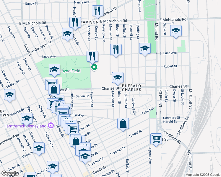 map of restaurants, bars, coffee shops, grocery stores, and more near 12090 Moenart Street in Hamtramck