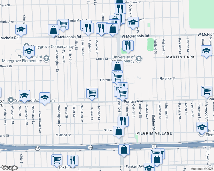 map of restaurants, bars, coffee shops, grocery stores, and more near 16177 Stoepel Street in Detroit
